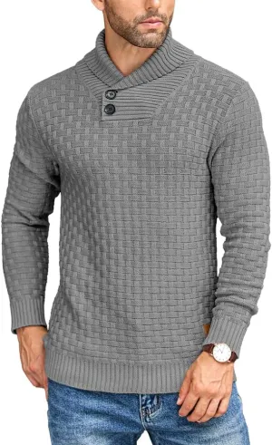 COOFANDY Men's Shawl Collar Pullover Sweater Casual Slim Fit Button Textured Knit Sweaters