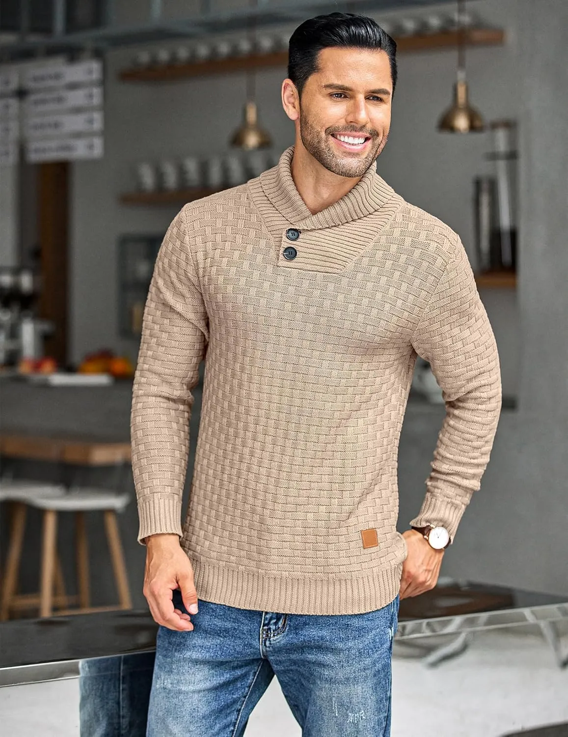 COOFANDY Men's Shawl Collar Pullover Sweater Casual Slim Fit Button Textured Knit Sweaters