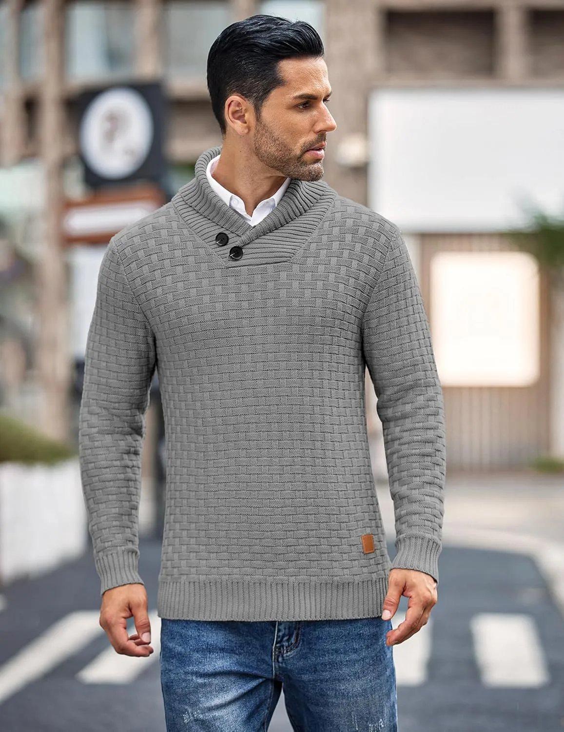 COOFANDY Men's Shawl Collar Pullover Sweater Casual Slim Fit Button Textured Knit Sweaters