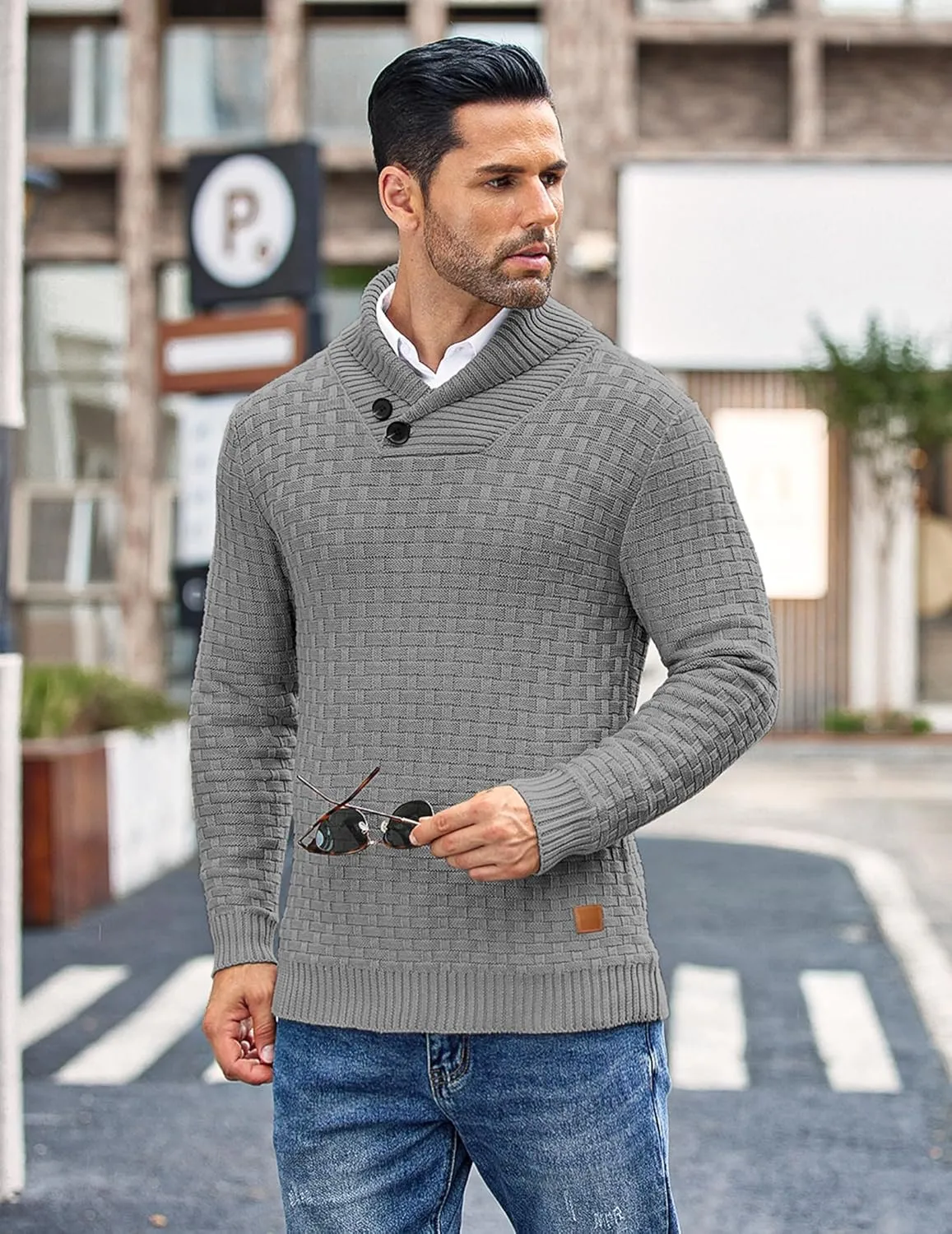 COOFANDY Men's Shawl Collar Pullover Sweater Casual Slim Fit Button Textured Knit Sweaters
