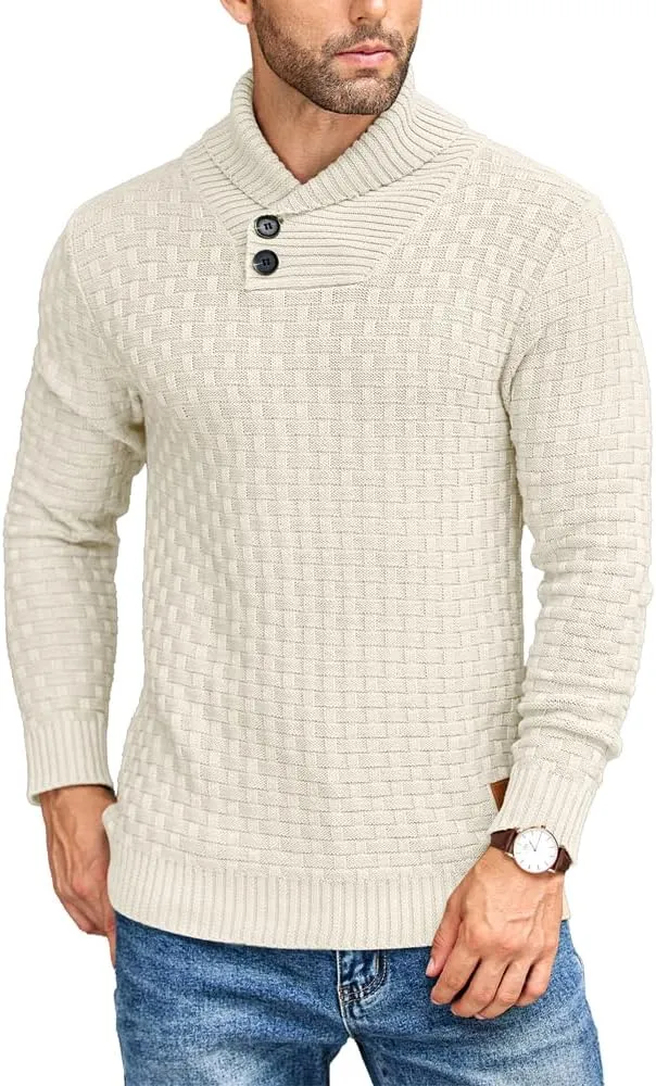 COOFANDY Men's Shawl Collar Pullover Sweater Casual Slim Fit Button Textured Knit Sweaters