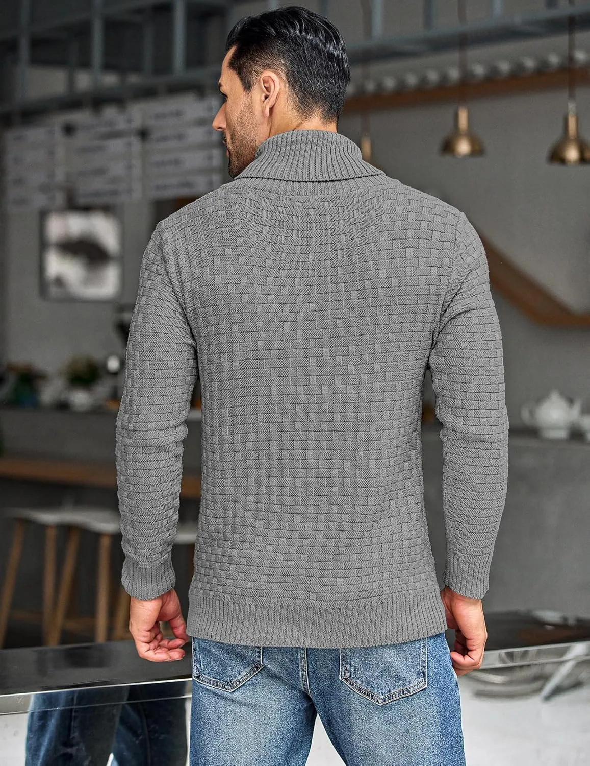 COOFANDY Men's Shawl Collar Pullover Sweater Casual Slim Fit Button Textured Knit Sweaters