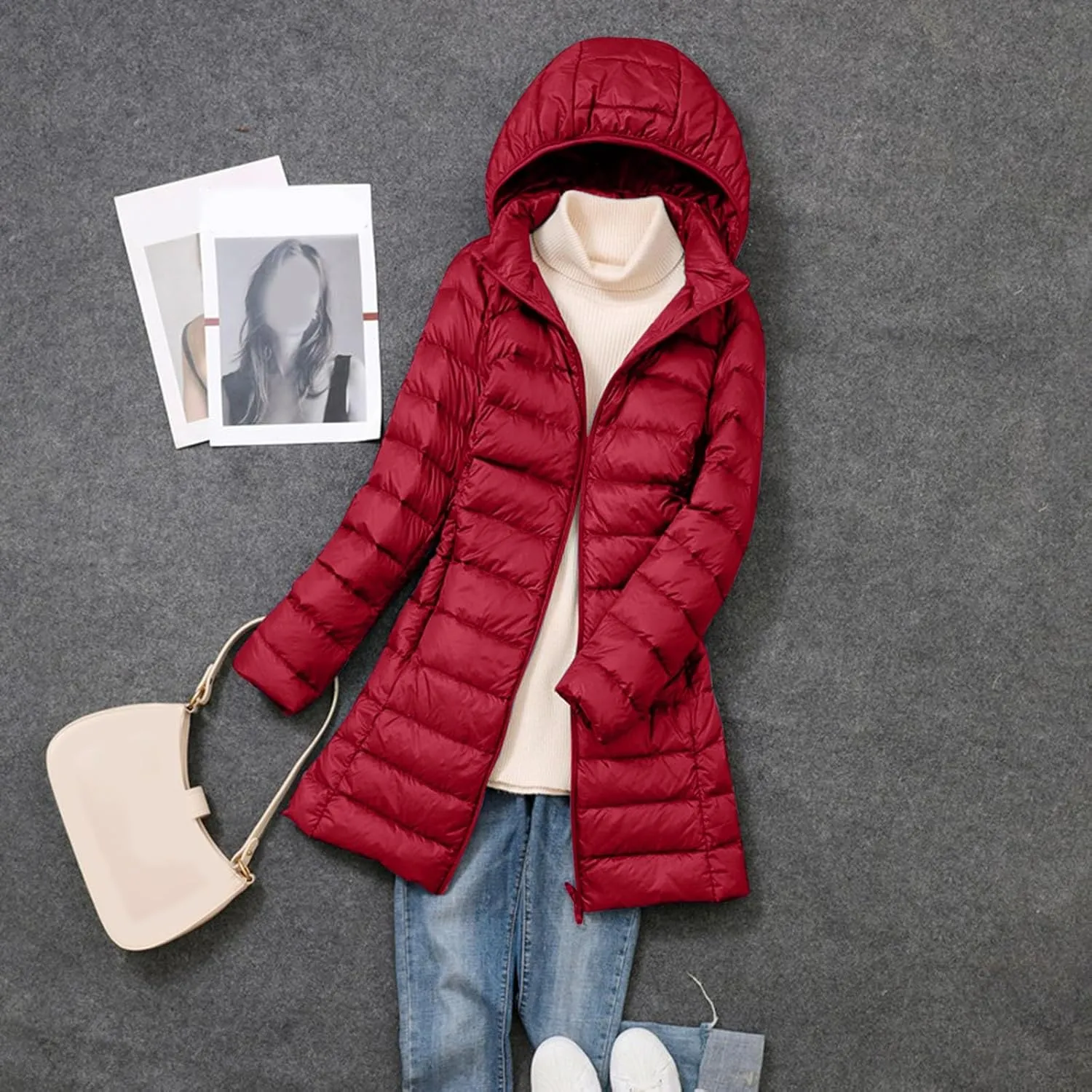 cooki Puffer Jacket Womens Packable Long Slim Fit Lightweight Hooded Down Jacket Quilted Puffer Winter Coats for Women