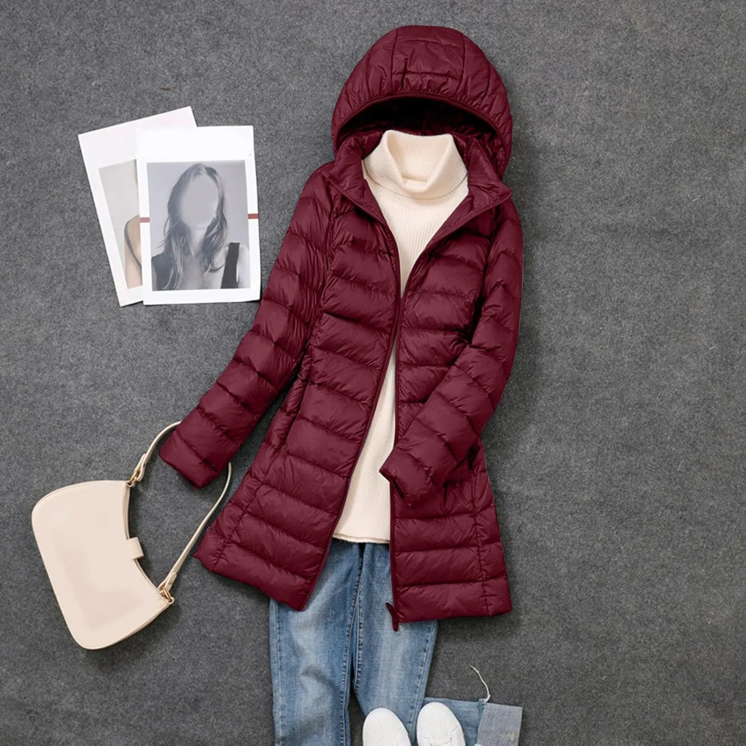 cooki Puffer Jacket Womens Packable Long Slim Fit Lightweight Hooded Down Jacket Quilted Puffer Winter Coats for Women
