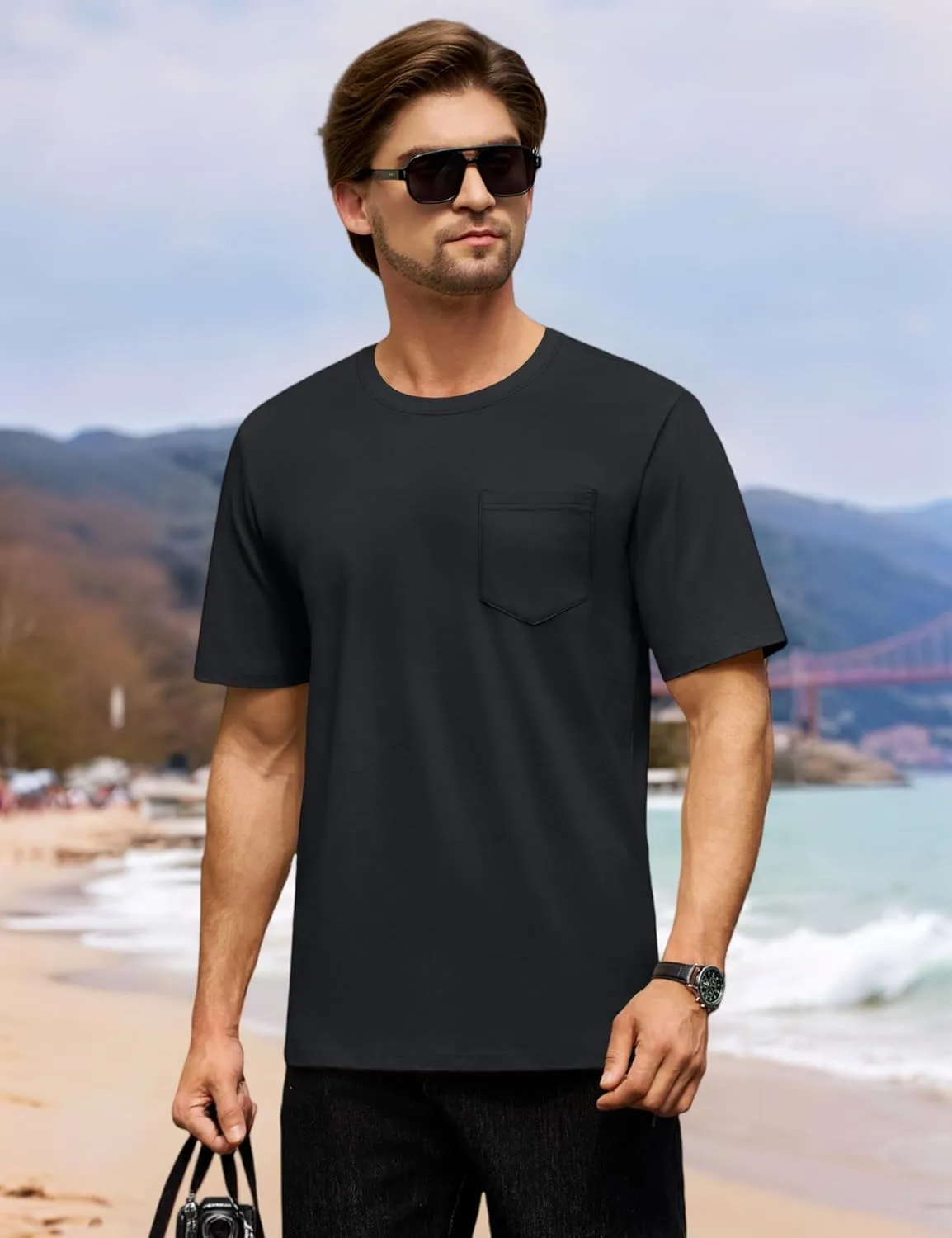 Cotrasen Mens T-Shirts Cotton Short Sleeve Pocket Tee Shirt Casual Crew Neck Moisture Wicking Soft Basic T Shirts