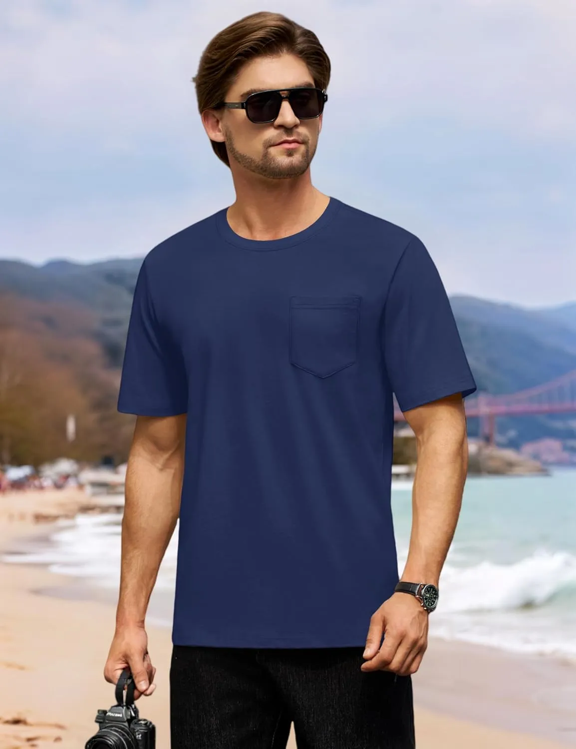 Cotrasen Mens T-Shirts Cotton Short Sleeve Pocket Tee Shirt Casual Crew Neck Moisture Wicking Soft Basic T Shirts