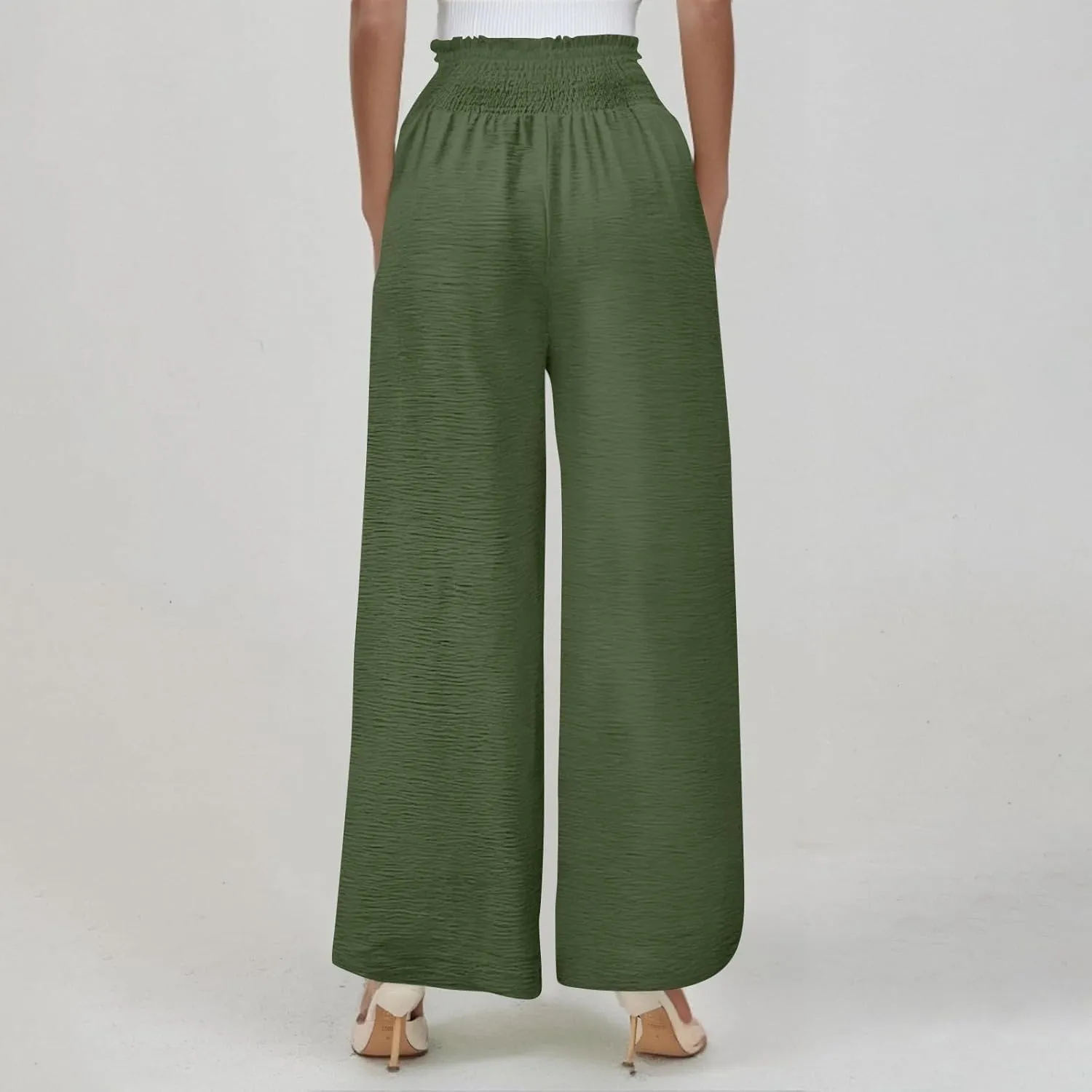Cotton Linen Pants Women Smocked High Waisted Split Wide Leg Pants Summer Flowy Vacation Beach Pant with Pockets 2025