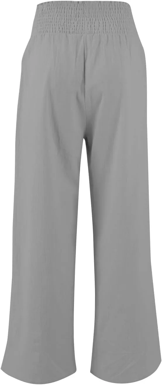 Cotton Linen Pants Women Smocked High Waisted Split Wide Leg Pants Summer Flowy Vacation Beach Pant with Pockets 2025