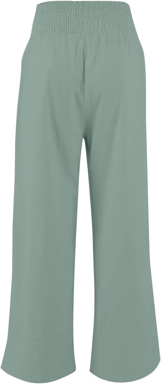 Cotton Linen Pants Women Smocked High Waisted Split Wide Leg Pants Summer Flowy Vacation Beach Pant with Pockets 2025