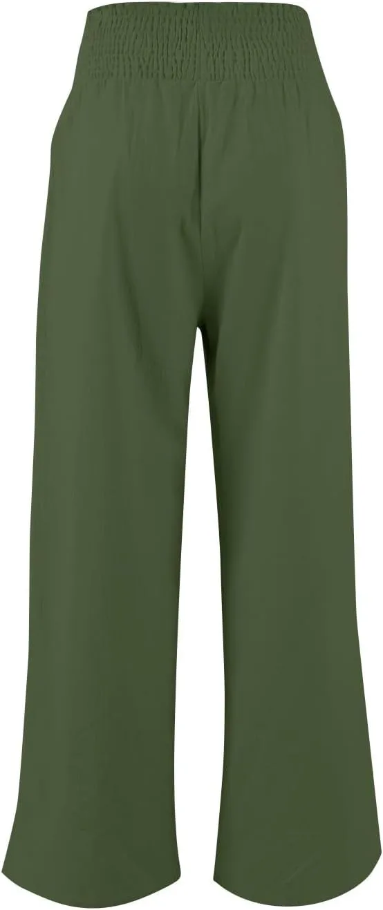 Cotton Linen Pants Women Smocked High Waisted Split Wide Leg Pants Summer Flowy Vacation Beach Pant with Pockets 2025