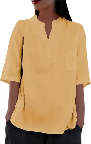 Cotton Linen Shirts for Women V Neck Short Sleeve Blouses Loose Lightweight Solid Basic T-Shirts Fashion Summer Tops