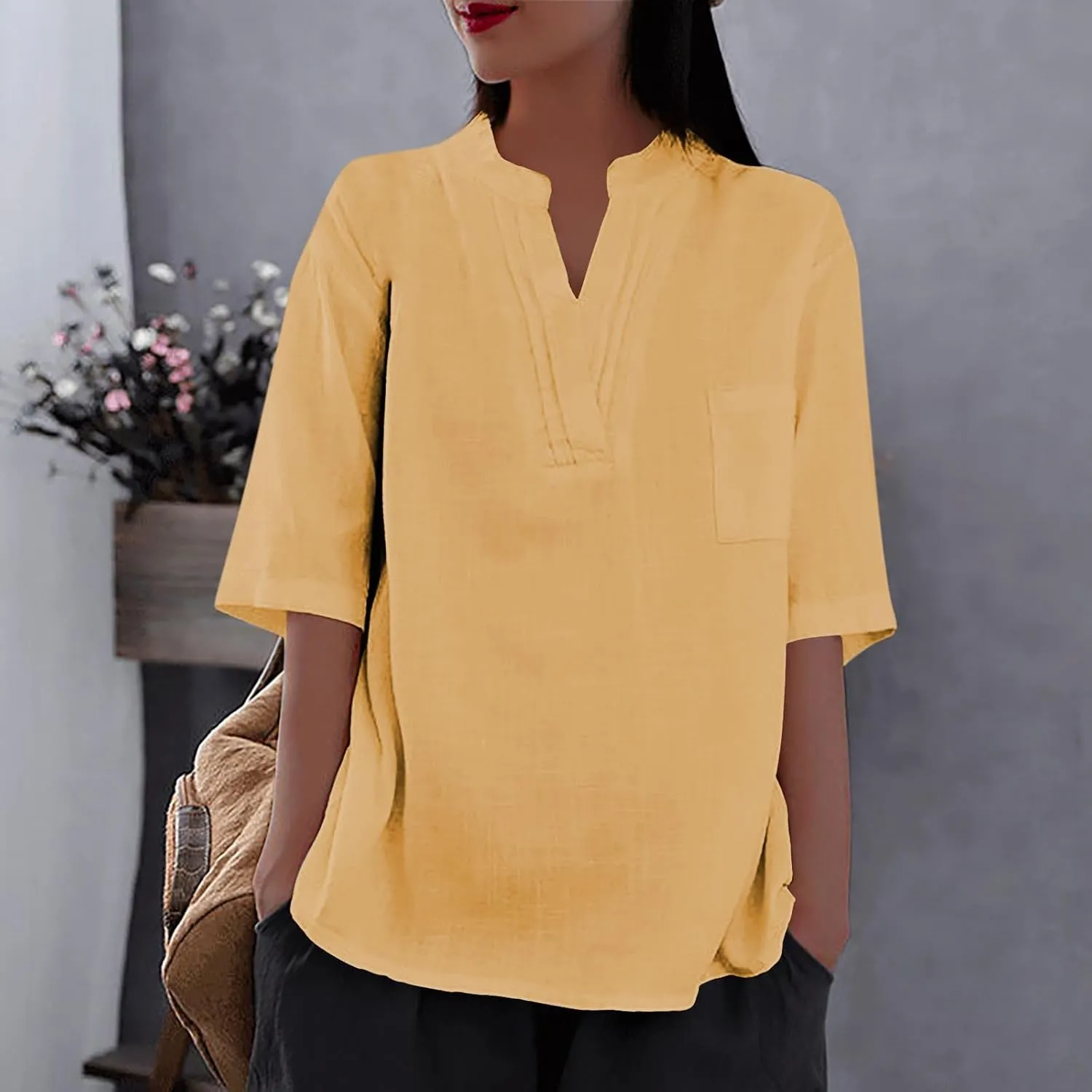 Cotton Linen Shirts for Women V Neck Short Sleeve Blouses Loose Lightweight Solid Basic T-Shirts Fashion Summer Tops