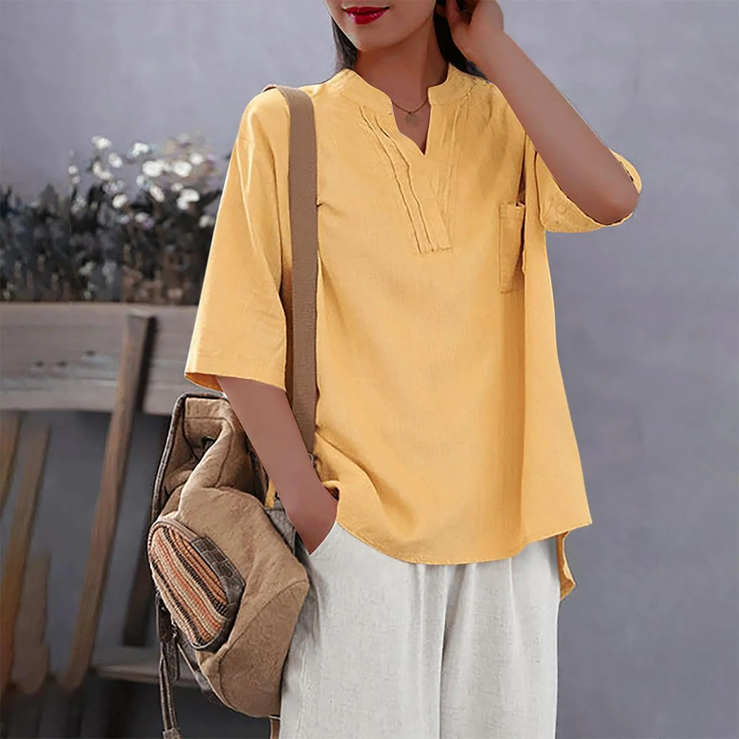 Cotton Linen Shirts for Women V Neck Short Sleeve Blouses Loose Lightweight Solid Basic T-Shirts Fashion Summer Tops