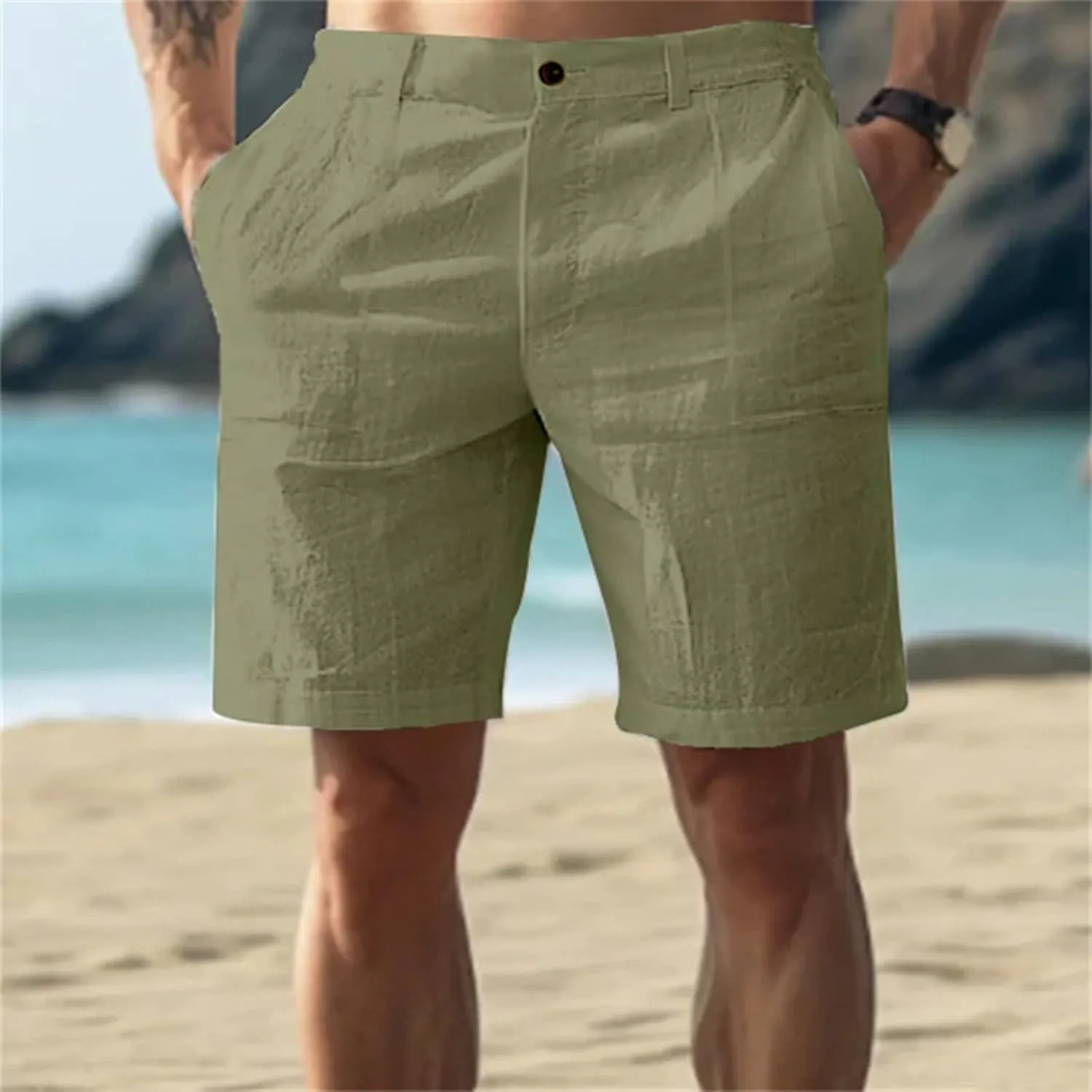 Cotton Linen Shorts for Mens Front Button Elastic Waist Casual Pants 2025 Summer Lightweight Loose Shorts with Pocket