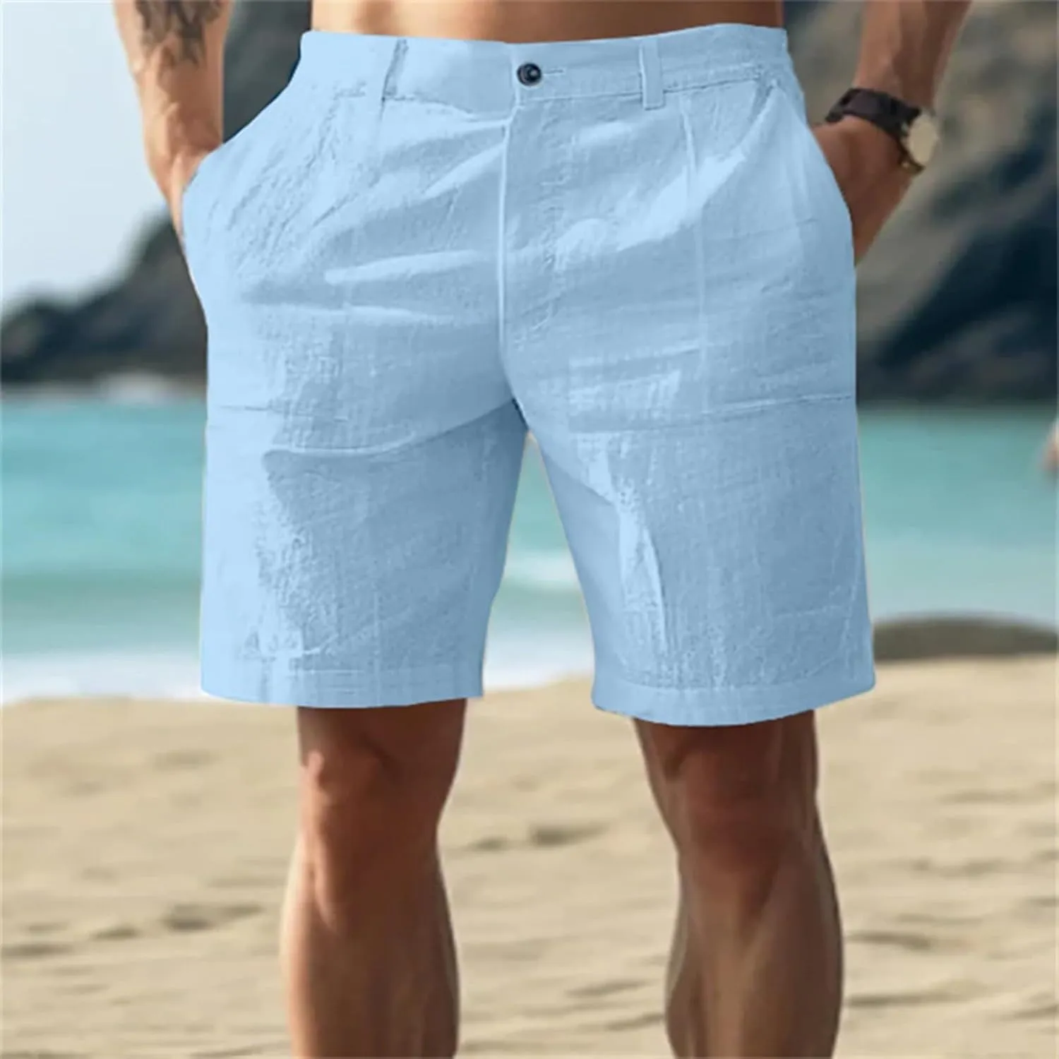 Cotton Linen Shorts for Mens Front Button Elastic Waist Casual Pants 2025 Summer Lightweight Loose Shorts with Pocket