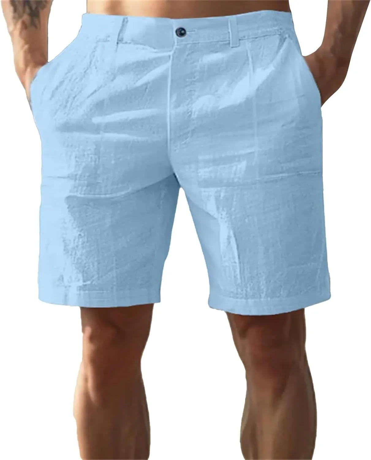 Cotton Linen Shorts for Mens Front Button Elastic Waist Casual Pants 2025 Summer Lightweight Loose Shorts with Pocket