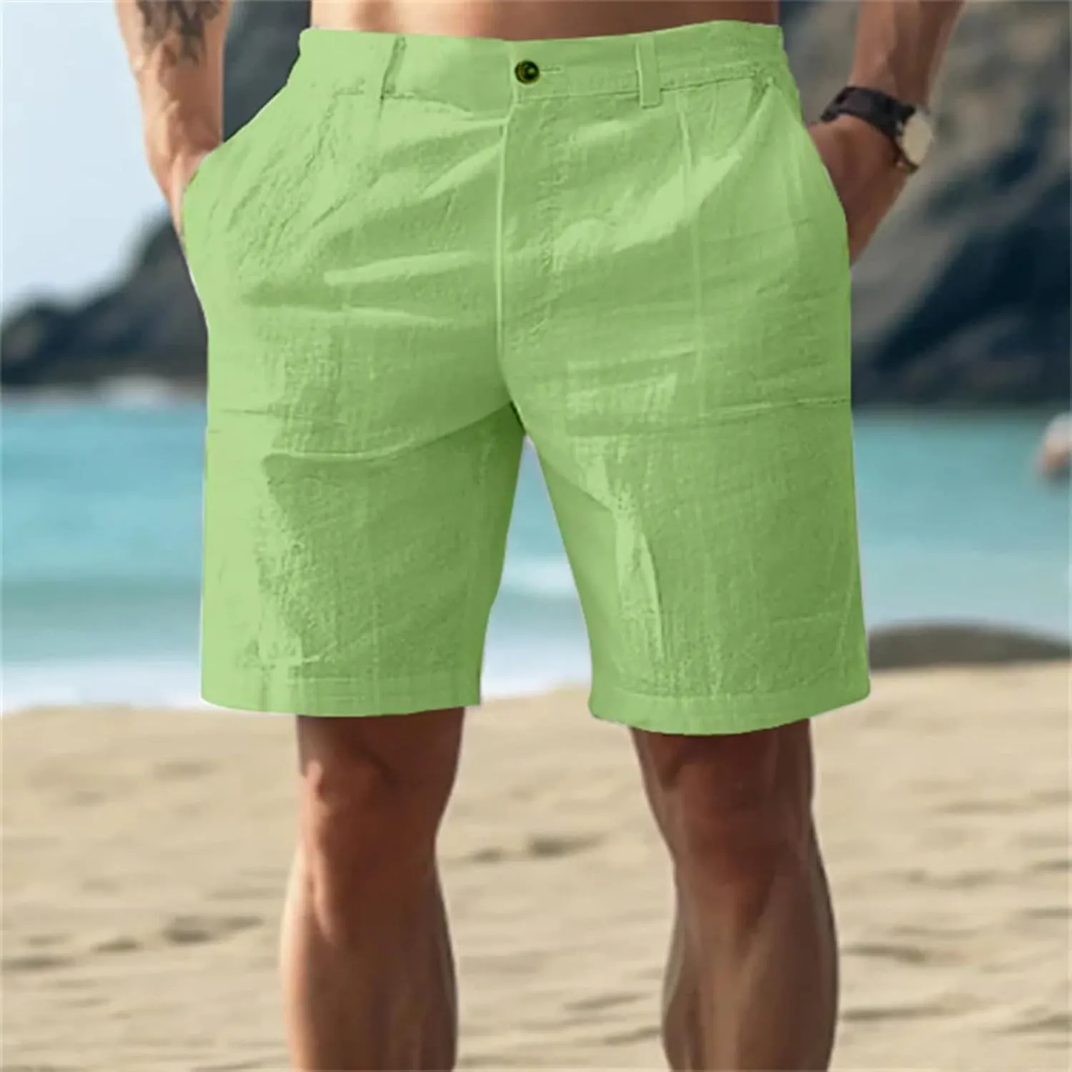 Cotton Linen Shorts for Mens Front Button Elastic Waist Casual Pants 2025 Summer Lightweight Loose Shorts with Pocket