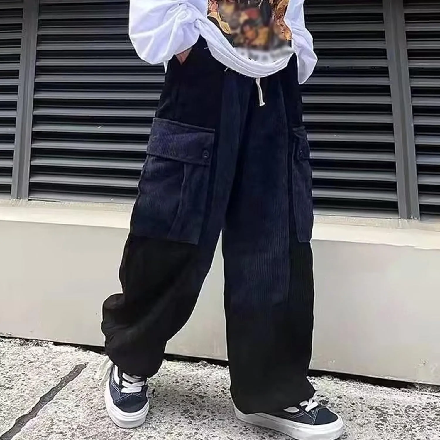 DGHM-JLMY Men's Casual Baggy Cargo Pants Colorblock Drawstring Waist Wide Leg Pant Trouser Streetwear Harem Pants