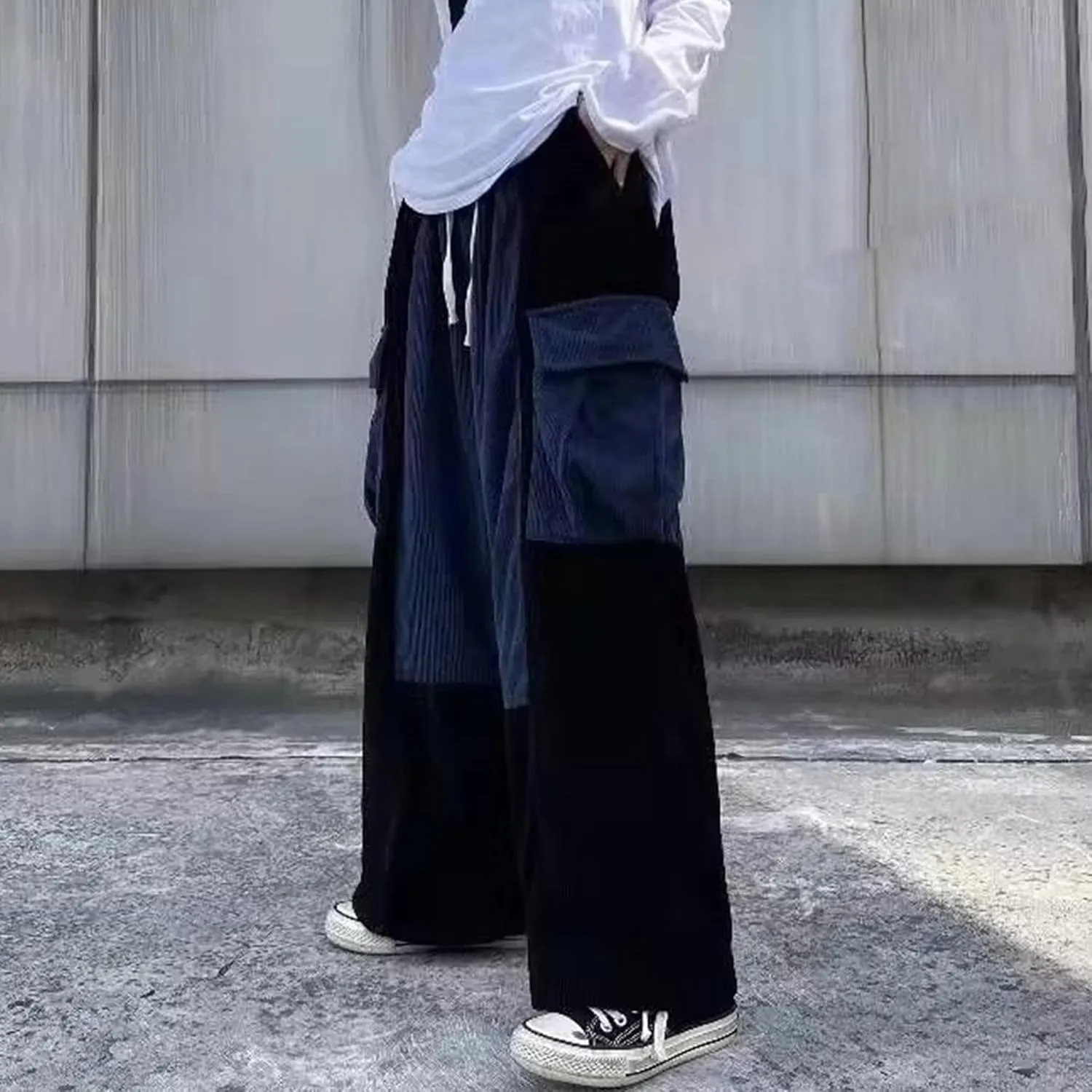 DGHM-JLMY Men's Casual Baggy Cargo Pants Colorblock Drawstring Waist Wide Leg Pant Trouser Streetwear Harem Pants