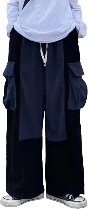 DGHM-JLMY Men's Casual Baggy Cargo Pants Colorblock Drawstring Waist Wide Leg Pant Trouser Streetwear Harem Pants