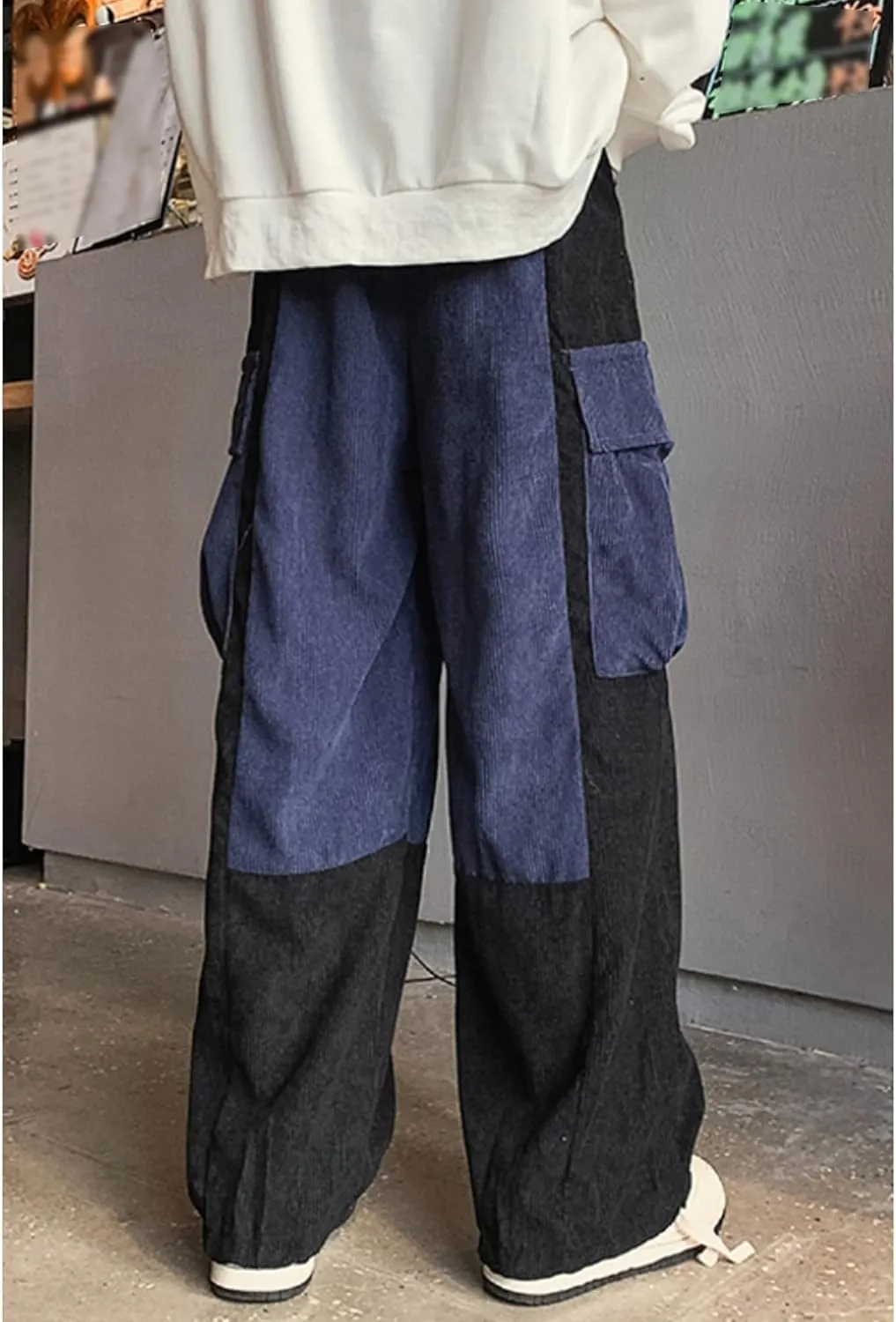 DGHM-JLMY Men's Casual Baggy Cargo Pants Colorblock Drawstring Waist Wide Leg Pant Trouser Streetwear Harem Pants