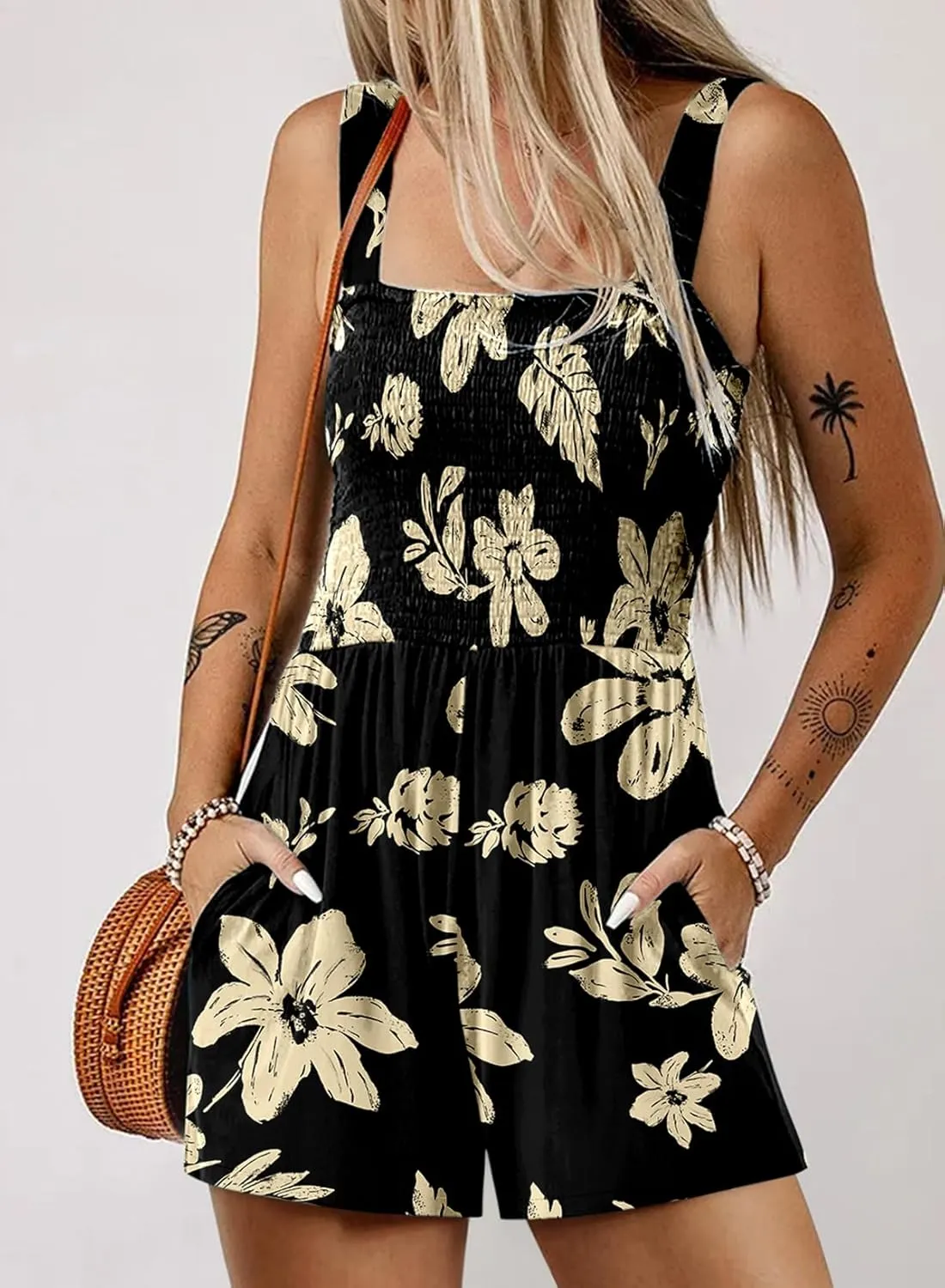 Dokotoo Women's Summer Casual Smocked Rompers Square Neck Sleeveless Loose Shorts Jumpsuits 2025 Beach Vacation Outfits