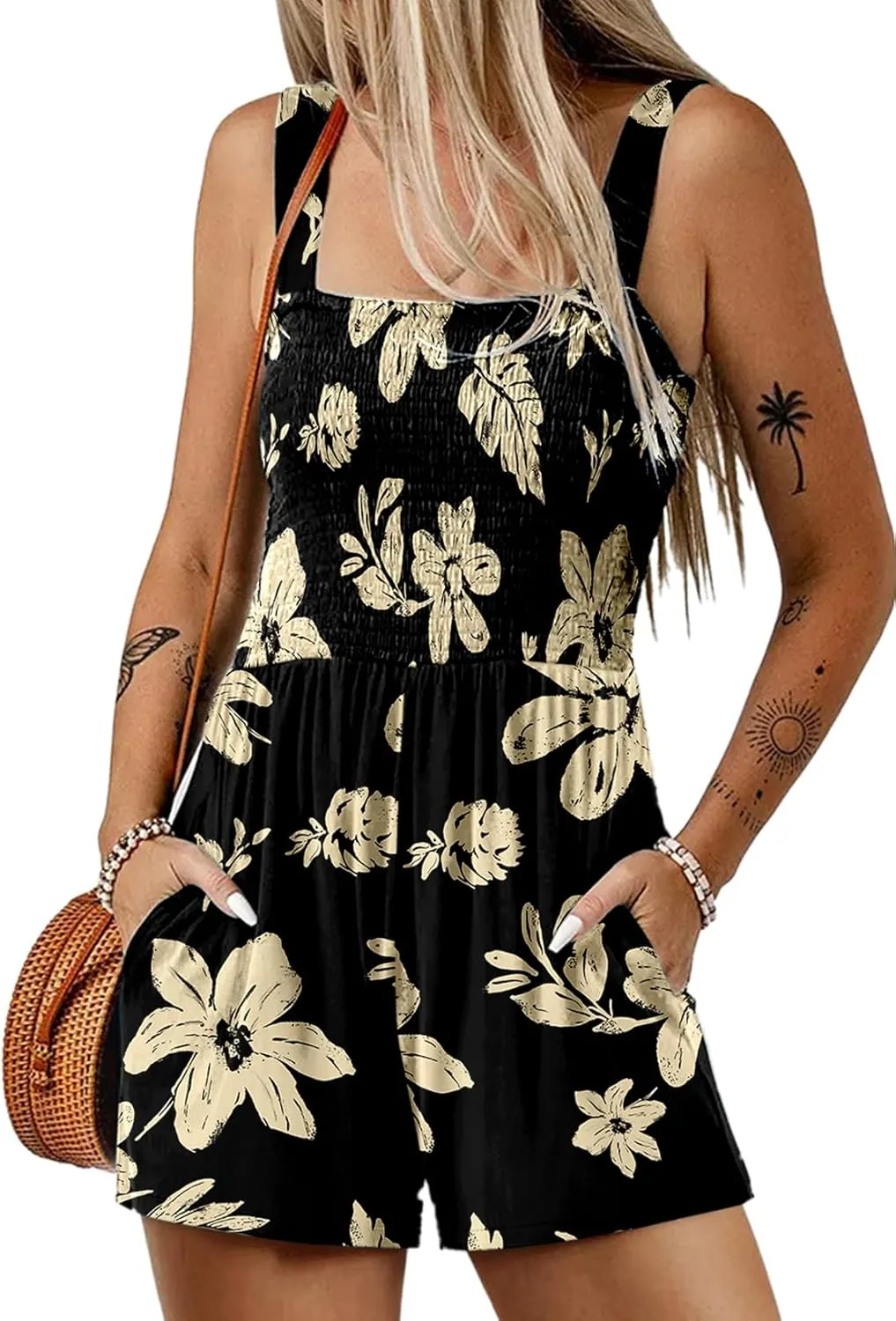 Dokotoo Women's Summer Casual Smocked Rompers Square Neck Sleeveless Loose Shorts Jumpsuits 2025 Beach Vacation Outfits
