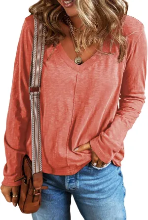 EVALESS Spring Tops for Women Beach Vacation Clothes V Neck Summer Tops Long Sleeve Shirts Basic T Shirts Women's Clothing