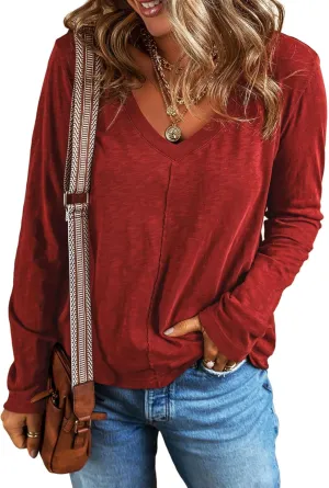 EVALESS Spring Tops for Women Beach Vacation Clothes V Neck Summer Tops Long Sleeve Shirts Basic T Shirts Women's Clothing