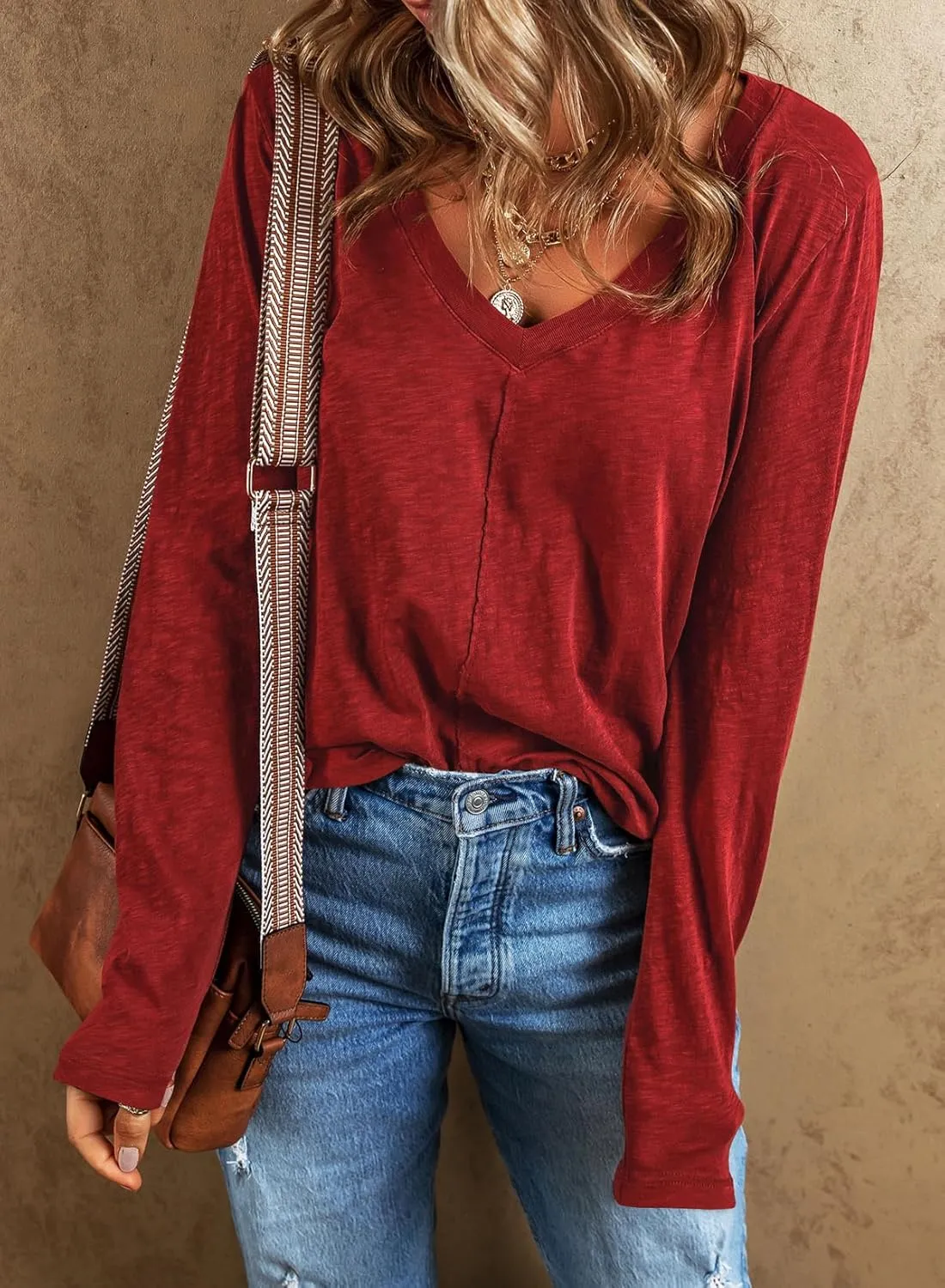 EVALESS Spring Tops for Women Beach Vacation Clothes V Neck Summer Tops Long Sleeve Shirts Basic T Shirts Women's Clothing