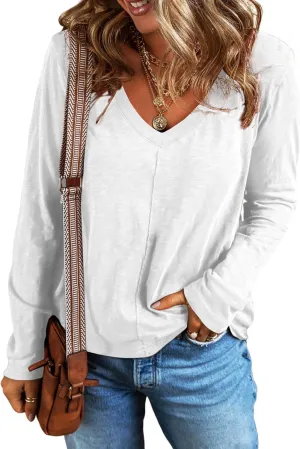 EVALESS Spring Tops for Women Beach Vacation Clothes V Neck Summer Tops Long Sleeve Shirts Basic T Shirts Women's Clothing