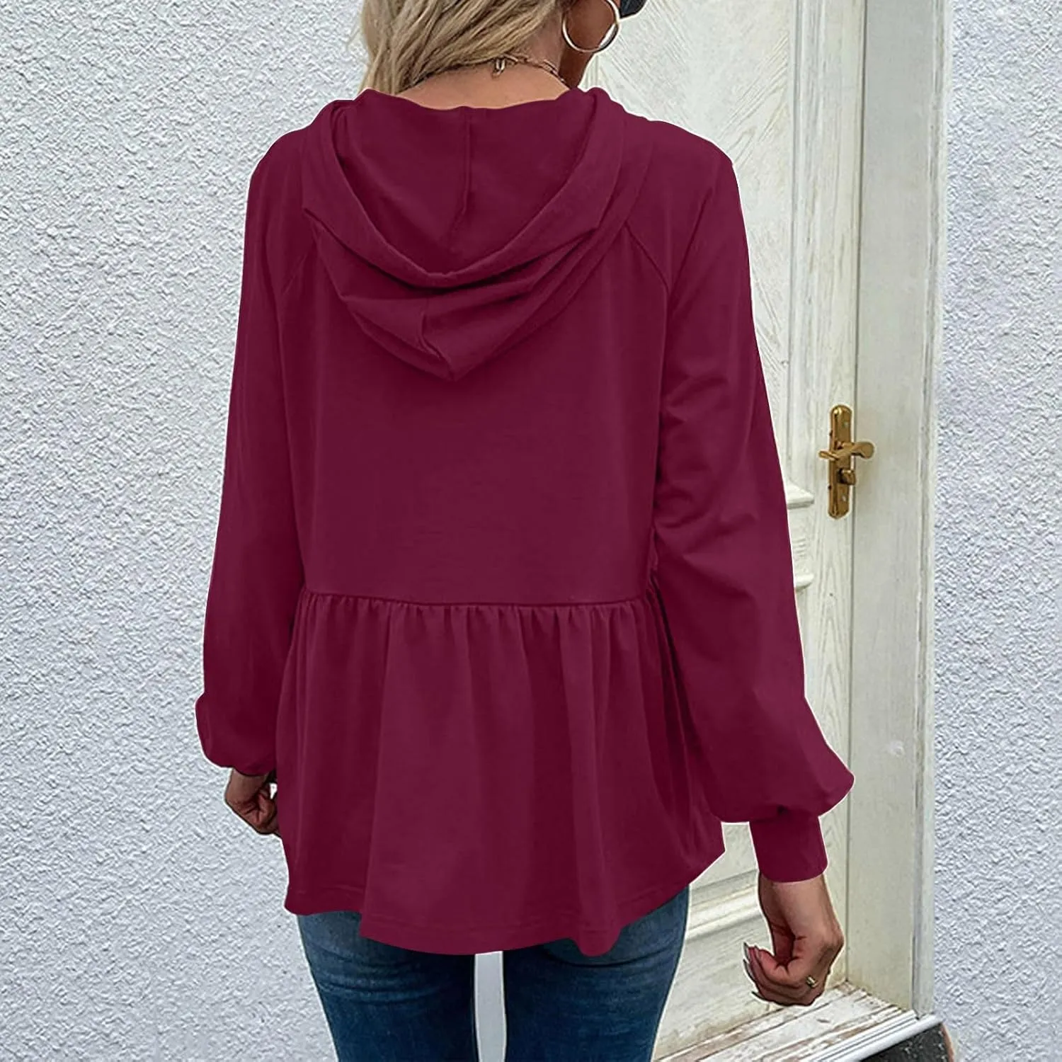 Fall Sweatshirt for Womens Casual Hoodies Peplum Tops Long Sleeve Lightweight Drawstring Sweatshirt Pullover Shirts