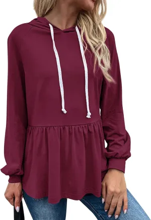 Fall Sweatshirt for Womens Casual Hoodies Peplum Tops Long Sleeve Lightweight Drawstring Sweatshirt Pullover Shirts
