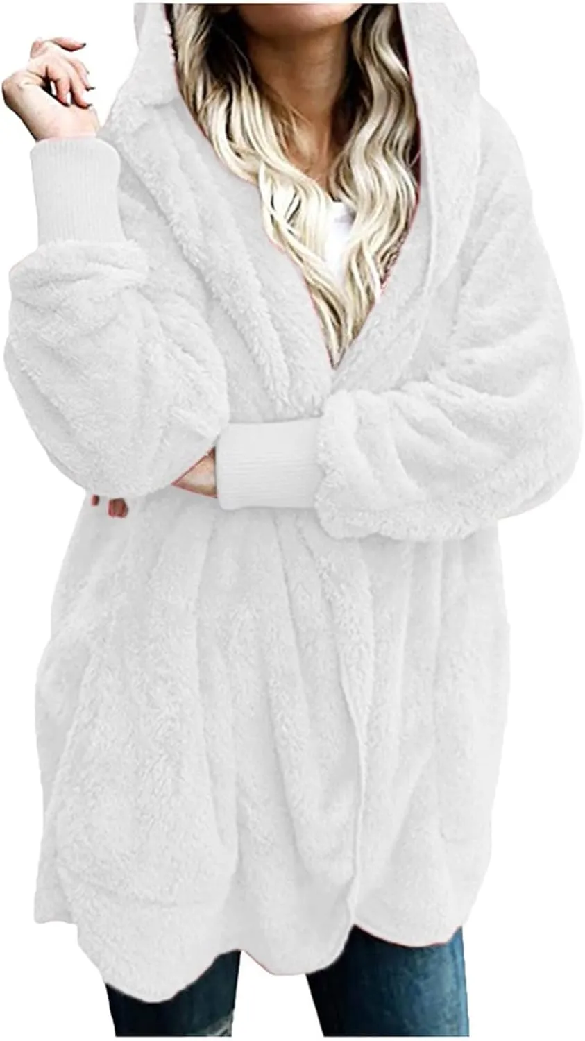 Fleece Jacket Women Fuzzy Sherpa Oversized Open Front Hooded Cardigan Fluffy Sweaters Winter Coats with Pockets