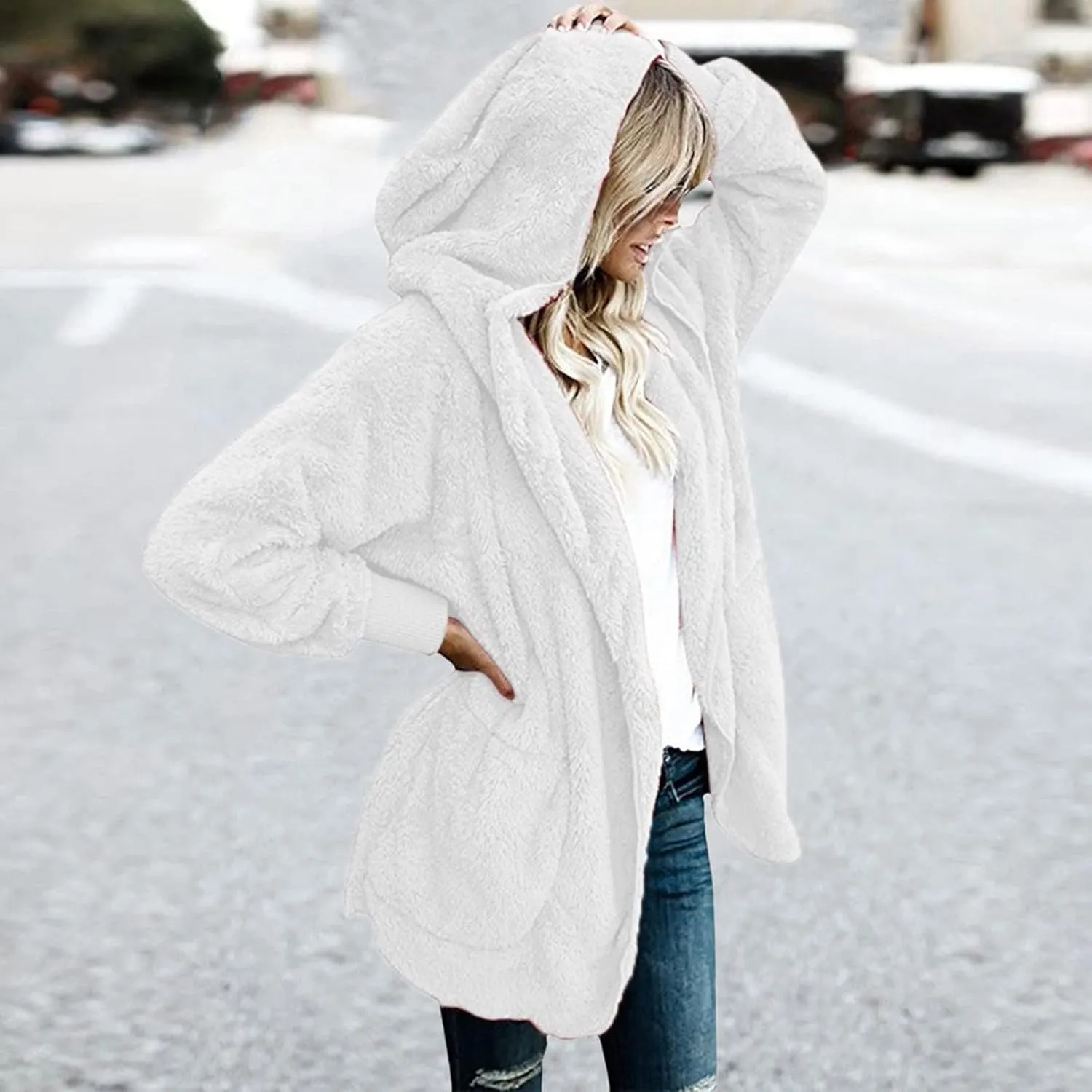 Fleece Jacket Women Fuzzy Sherpa Oversized Open Front Hooded Cardigan Fluffy Sweaters Winter Coats with Pockets