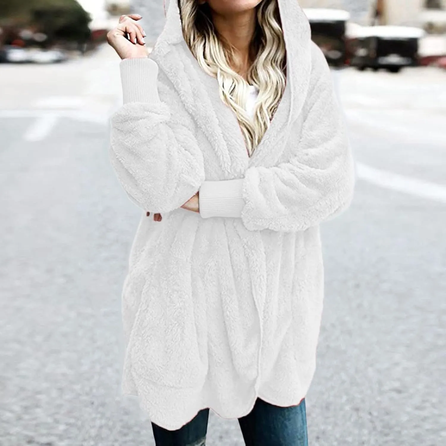 Fleece Jacket Women Fuzzy Sherpa Oversized Open Front Hooded Cardigan Fluffy Sweaters Winter Coats with Pockets