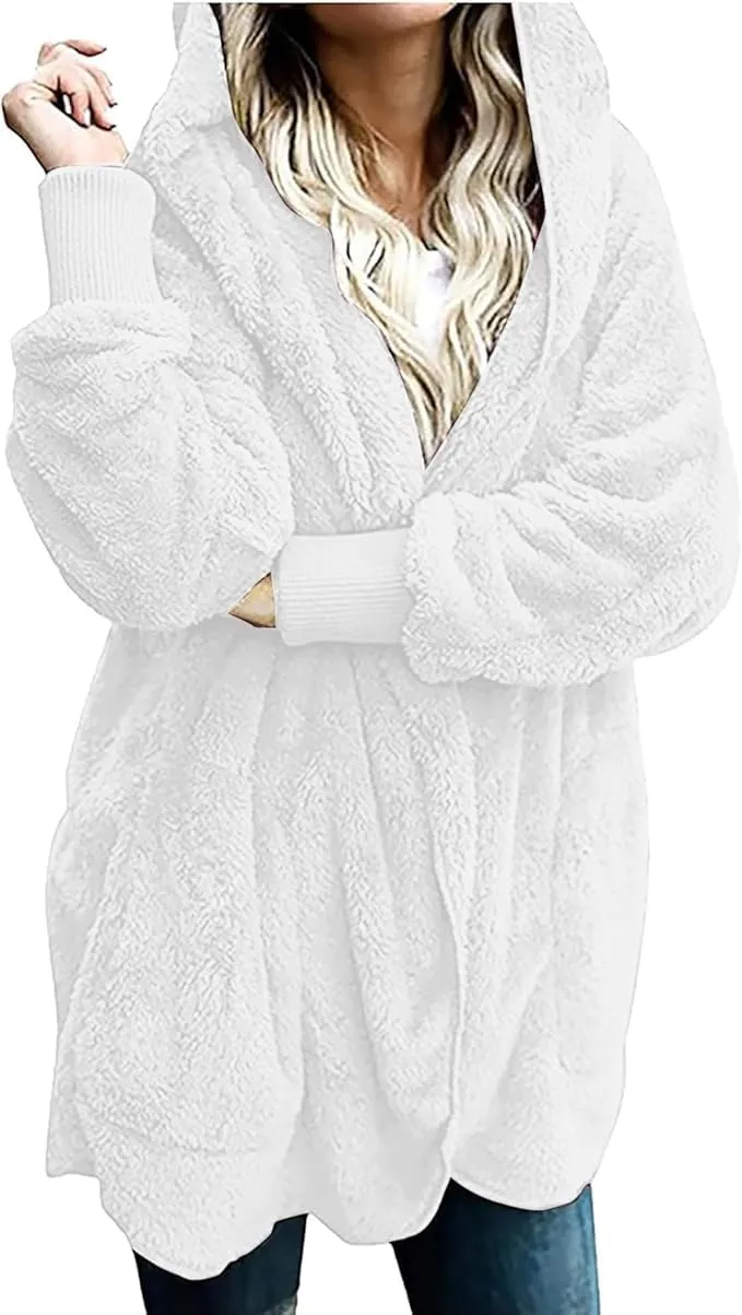 Fleece Jacket Women Fuzzy Sherpa Oversized Open Front Hooded Cardigan Fluffy Sweaters Winter Coats with Pockets