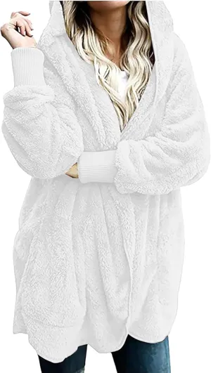 Fleece Jacket Women Fuzzy Sherpa Oversized Open Front Hooded Cardigan Fluffy Sweaters Winter Coats with Pockets