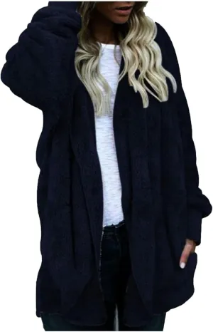 Fleece Jackets for Women Fuzzy Open Front Oversized Cardigan Hooded Sherpa Jacket Fluffy Winter Coats with Pockets