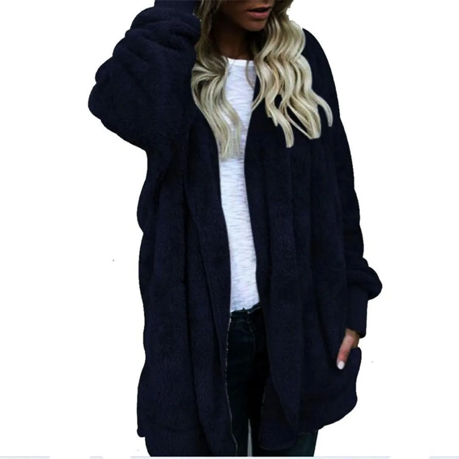 Fleece Jackets for Women Fuzzy Open Front Oversized Cardigan Hooded Sherpa Jacket Fluffy Winter Coats with Pockets