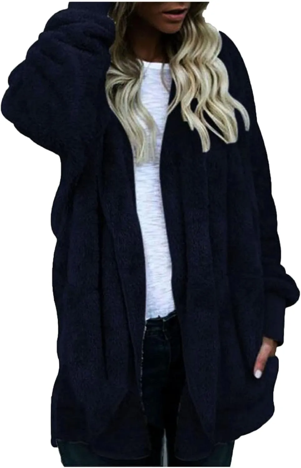 Fleece Jackets for Women Fuzzy Open Front Oversized Cardigan Hooded Sherpa Jacket Fluffy Winter Coats with Pockets