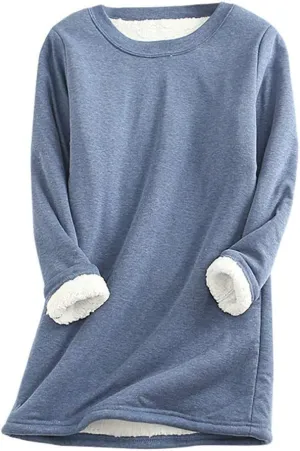 Fleece Sweatshirt for Women Winter Warm Sherpa Lined Fleece Crewneck Pullover Loungewear Tunic Tops