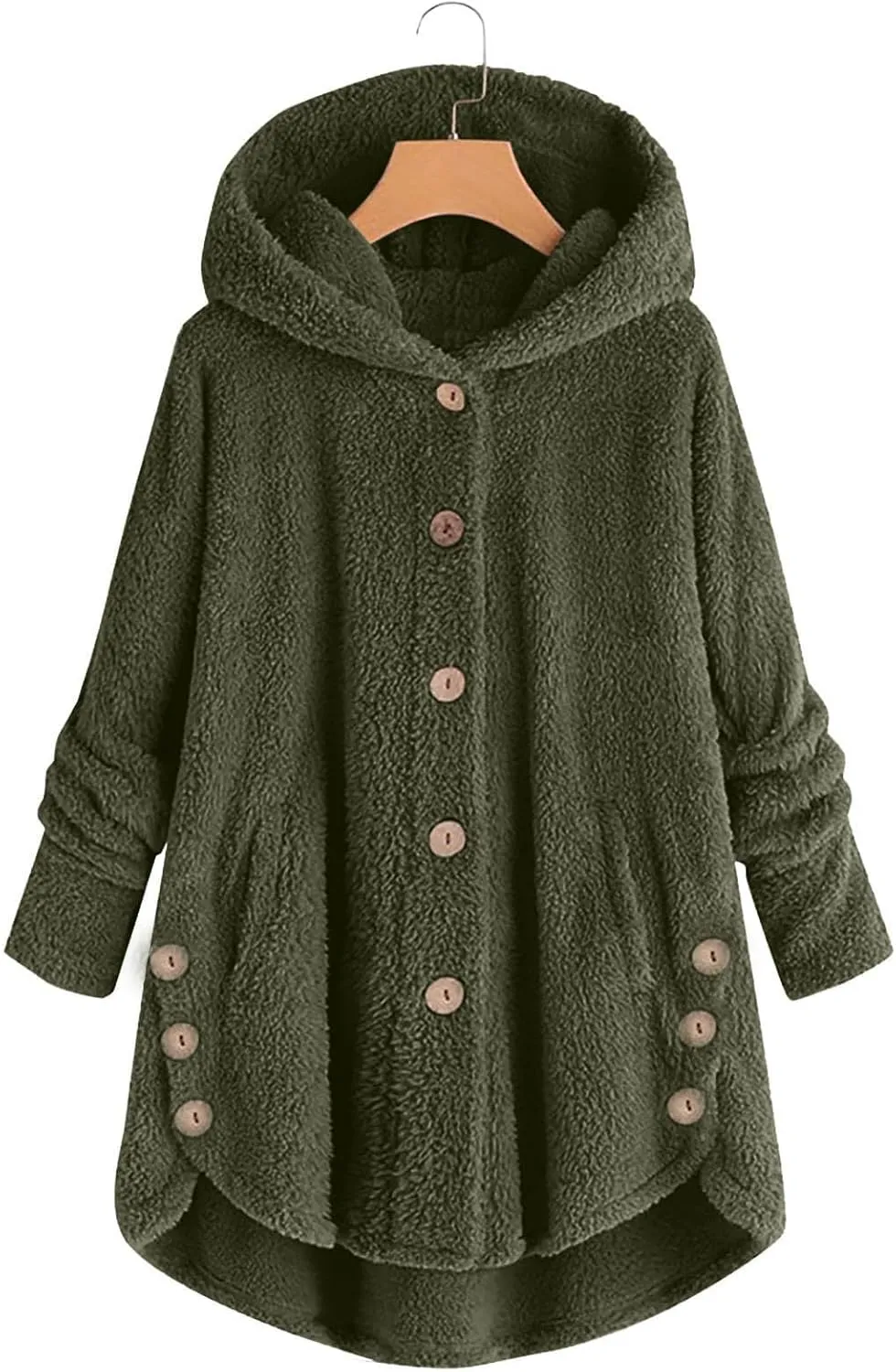 Fuzzy Fleece Coats for Women Winter Causal Cute Sherpa Warm Jackets Button Hooded Thick Plush Coat with Pocket