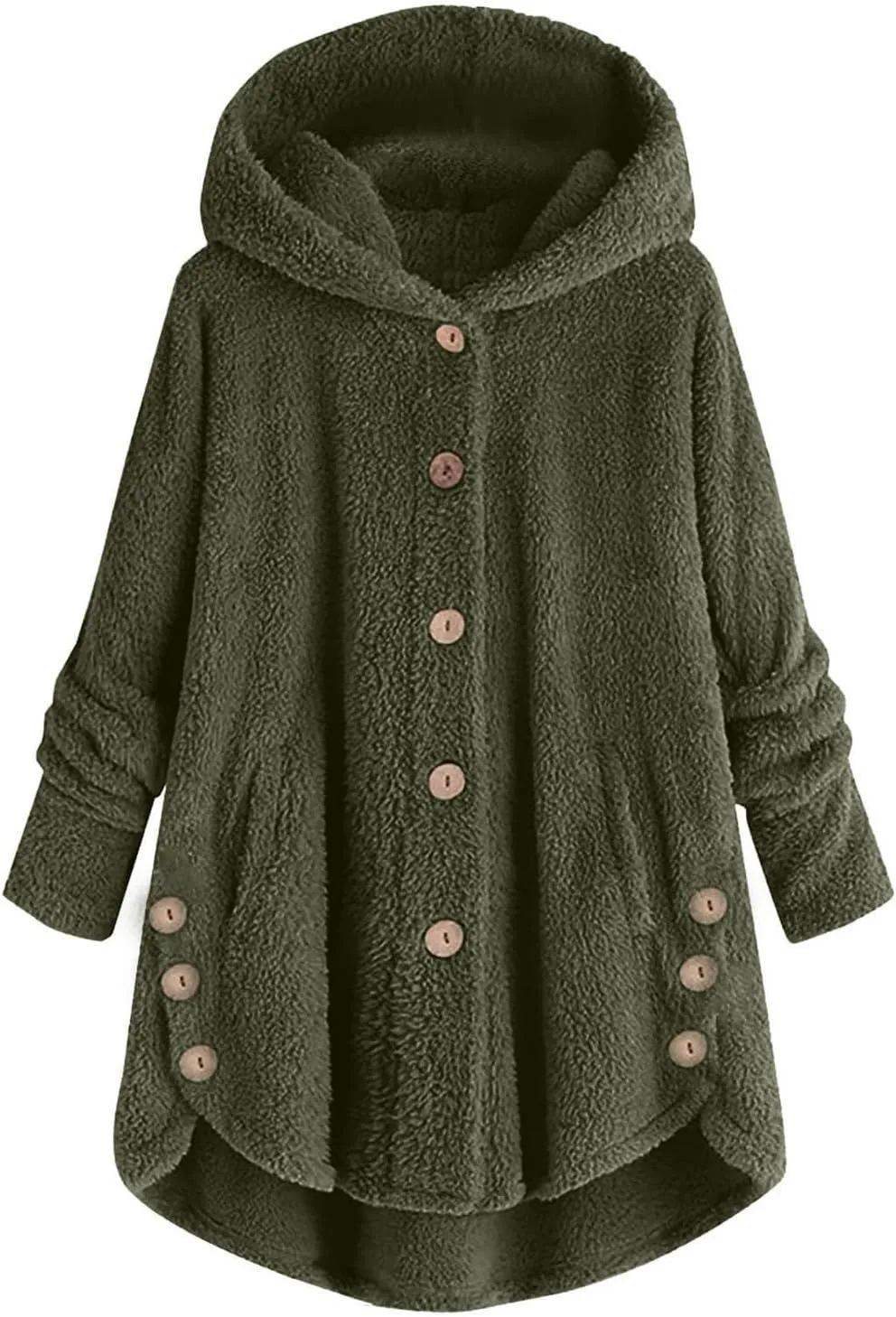 Fuzzy Fleece Coats for Women Winter Causal Cute Sherpa Warm Jackets Button Hooded Thick Plush Coat with Pocket