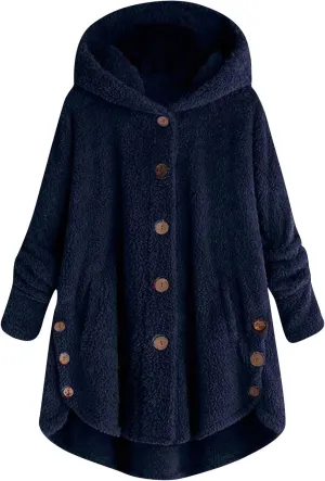Fuzzy Fleece Coats for Women Winter Causal Cute Sherpa Warm Jackets Button Hooded Thick Plush Coat with Pocket
