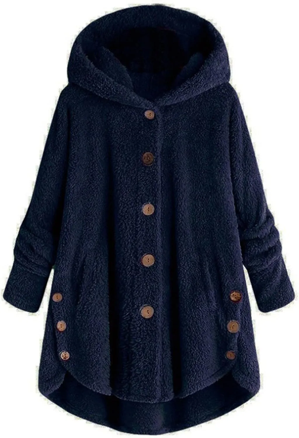 Fuzzy Fleece Coats for Women Winter Causal Cute Sherpa Warm Jackets Button Hooded Thick Plush Coat with Pocket