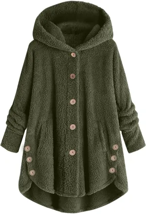 Fuzzy Fleece Coats for Women Winter Causal Cute Sherpa Warm Jackets Button Hooded Thick Plush Coat with Pocket