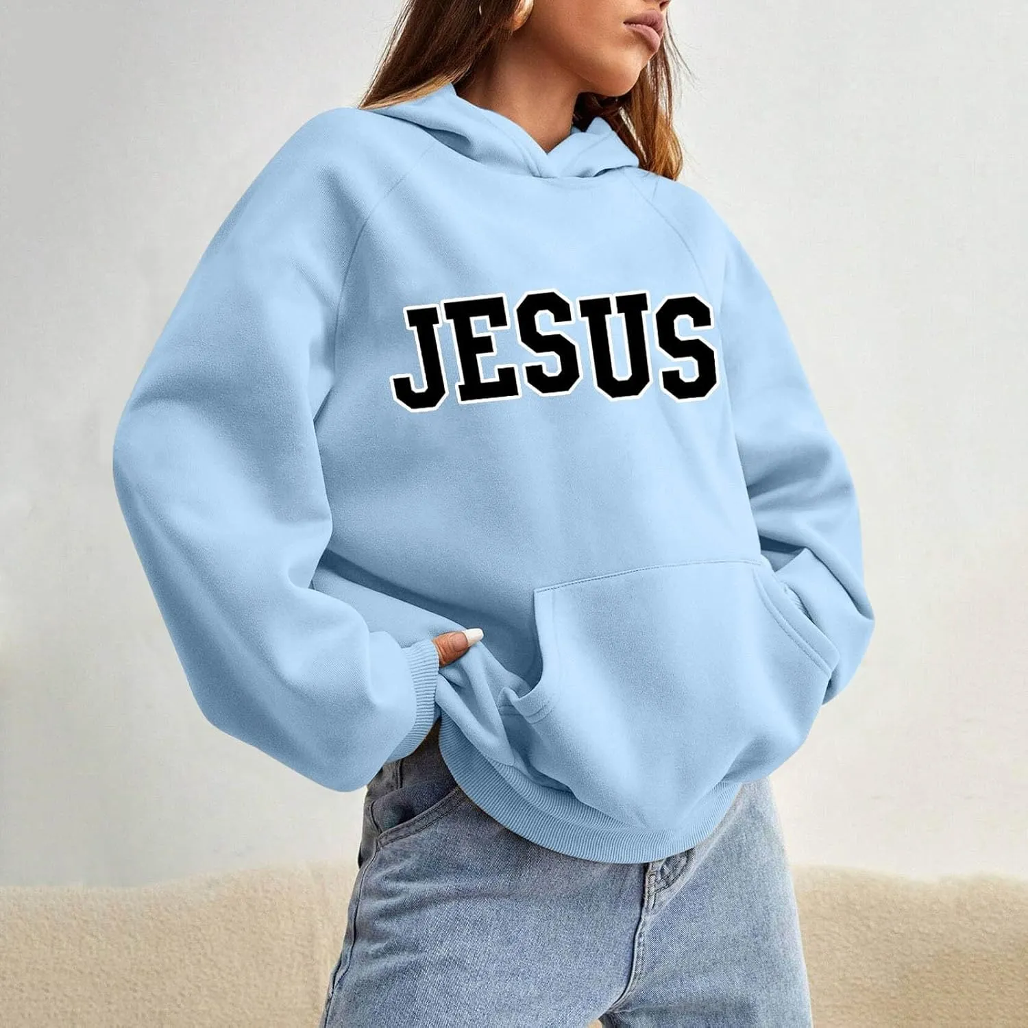 Girls' Fashion Hoodies & Sweatshirts Jesus Letter Print Fall Fleece Winter Outfit with Pocket Long Sleeve Oversize Pullover