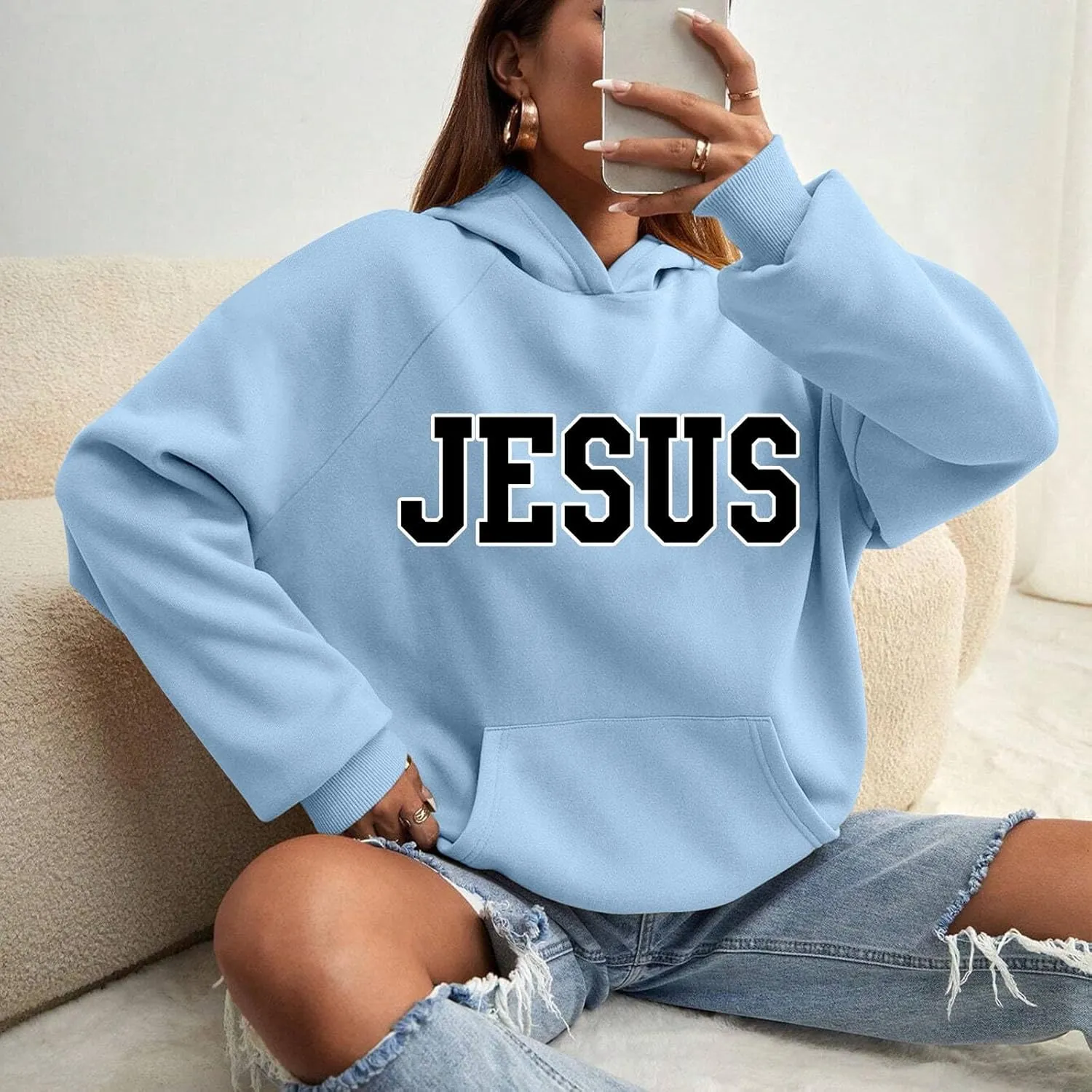 Girls' Fashion Hoodies & Sweatshirts Jesus Letter Print Fall Fleece Winter Outfit with Pocket Long Sleeve Oversize Pullover