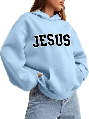 Girls' Fashion Hoodies & Sweatshirts Jesus Letter Print Fall Fleece Winter Outfit with Pocket Long Sleeve Oversize Pullover